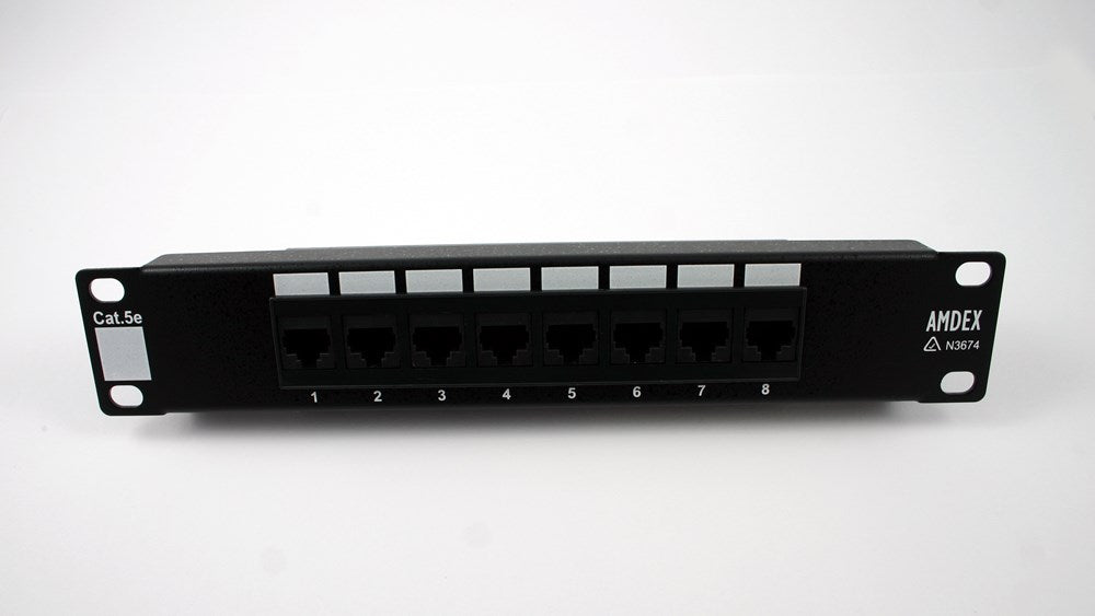 10" Data Panel with 8 Cat5e ports, designed for efficient network management and organization in compact and standard setups.