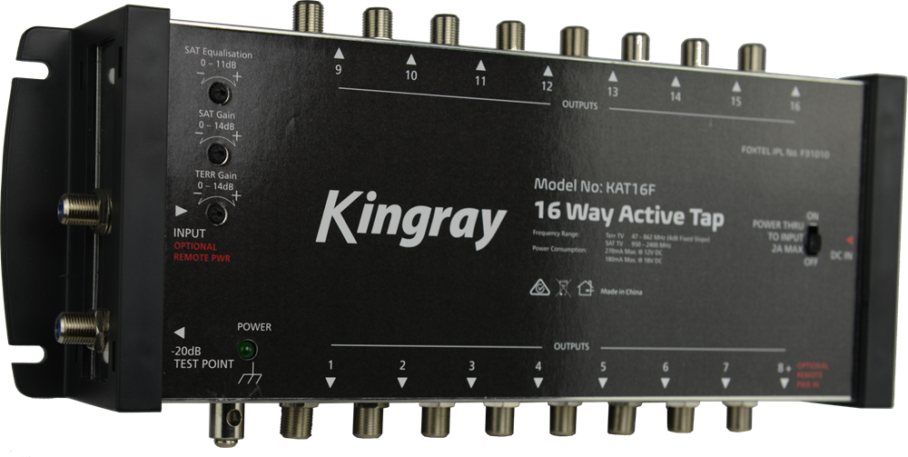 Kingray 16-Way Active Tap with built-in amplifier, distributes RF signals to 16 outputs, maintaining high signal strength for large installations.