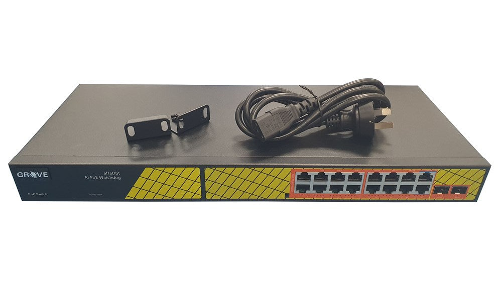 GROVE 16 Port Gigabit POE 240W Switch with 2xSFP Slot, offering reliable POE, 16 Gigabit ports, and fiber connectivity for efficient networking.