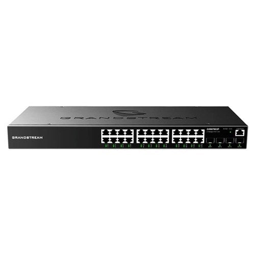 24-Port Gigabit PoE Managed Switch with VLAN, QoS, and PoE+ power for IP cameras, VoIP phones, and enterprise networking.