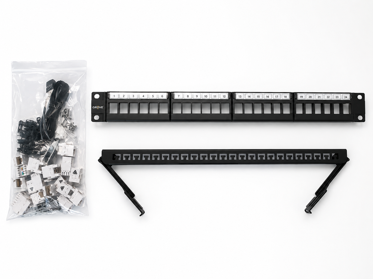 24 Port Cat6 Patch Panel | Express | White | Includes Bag of 24 Cat6 Keystone Mechs