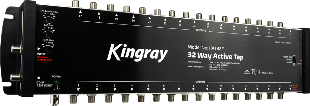 Kingray 32 Way Active Tap for distributing television and radio signals, featuring 32 output ports and built-in amplification for optimal performance.