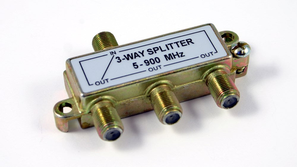 3-way coaxial splitter with power pass on 1 leg for cable TV, satellite, and antenna signals