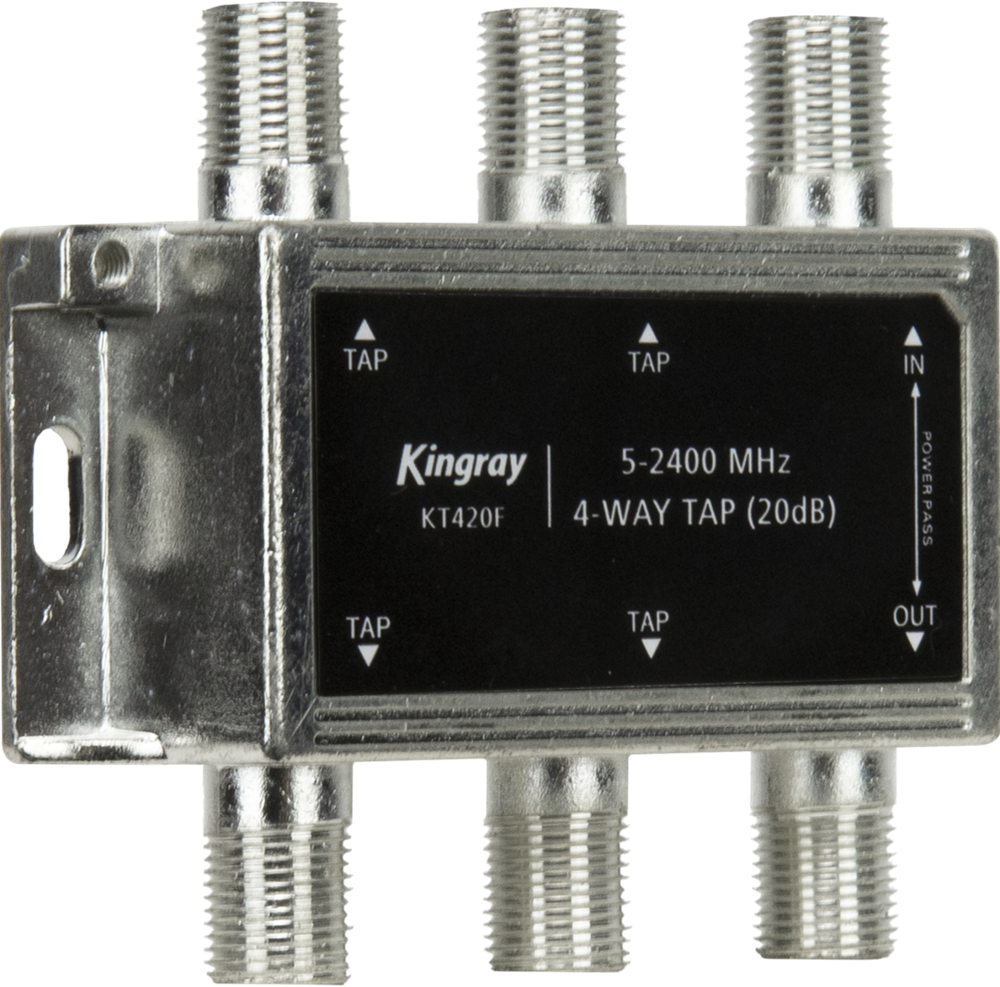 Kingray 4-Way Tap 20 dB (5-2400 MHz) with corrosion-resistant housing and high shielding for controlled signal distribution across four outputs