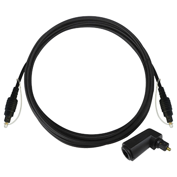 5M TOSLINK male-to-male optical audio cable with right-angle adaptor for digital audio connections in home theater and Hi-Fi setups.