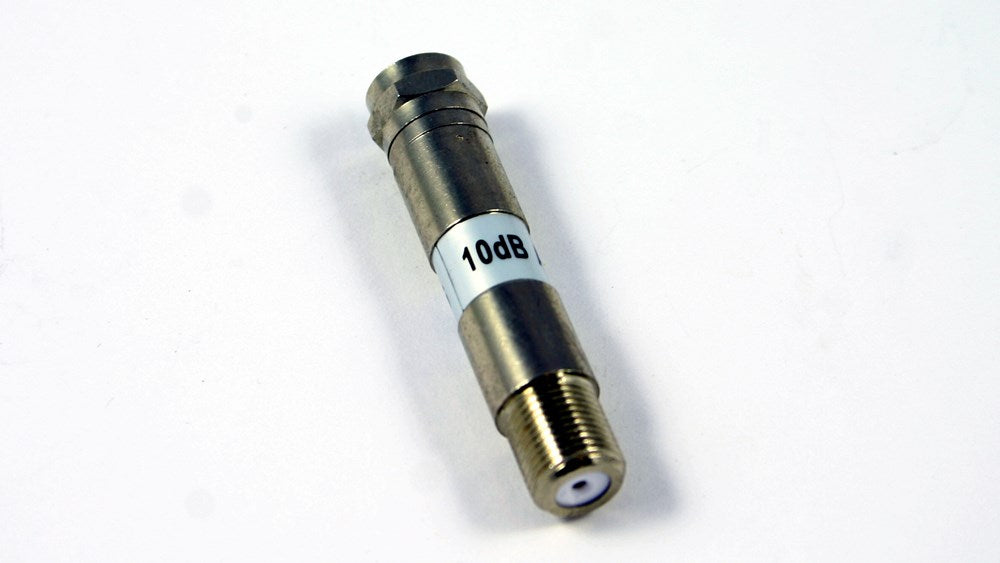 75 Ohm 10dB attenuator with F-Type male-to-female connectors, featuring power pass capability, ideal for satellite, cable TV, and RF signal balancing.