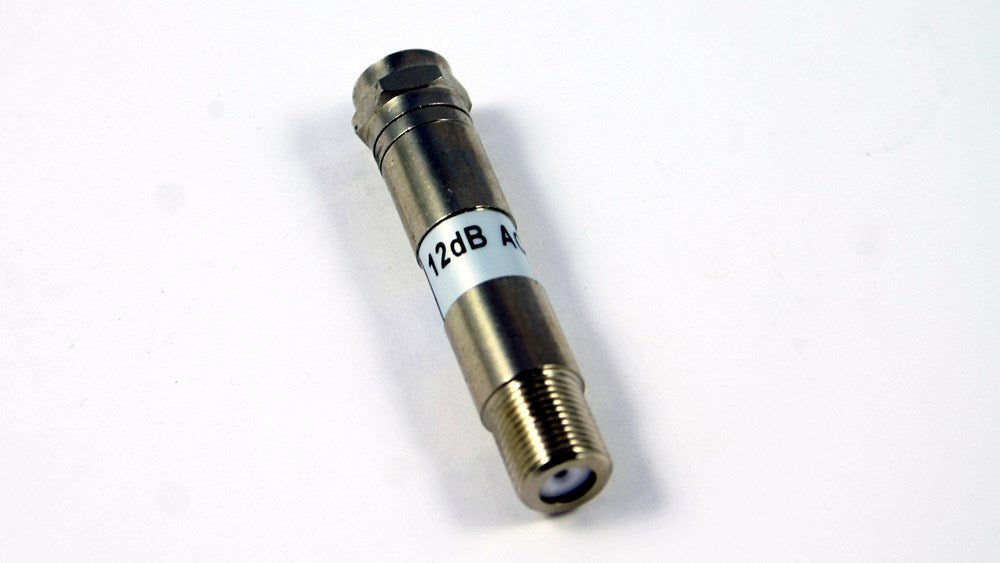 75 Ohm F-Type 12dB attenuator with power pass capability, ideal for satellite, cable TV, and RF systems, ensuring precise signal balancing.
