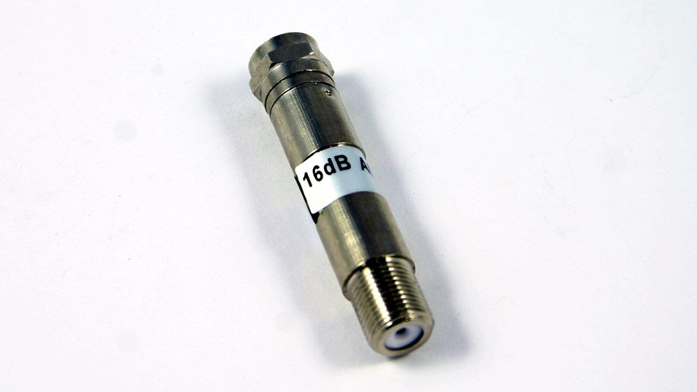 75 Ohm F-Type attenuator with 16dB attenuation and power pass capability, designed for satellite, cable TV, and RF systems, ensuring balanced signal levels.