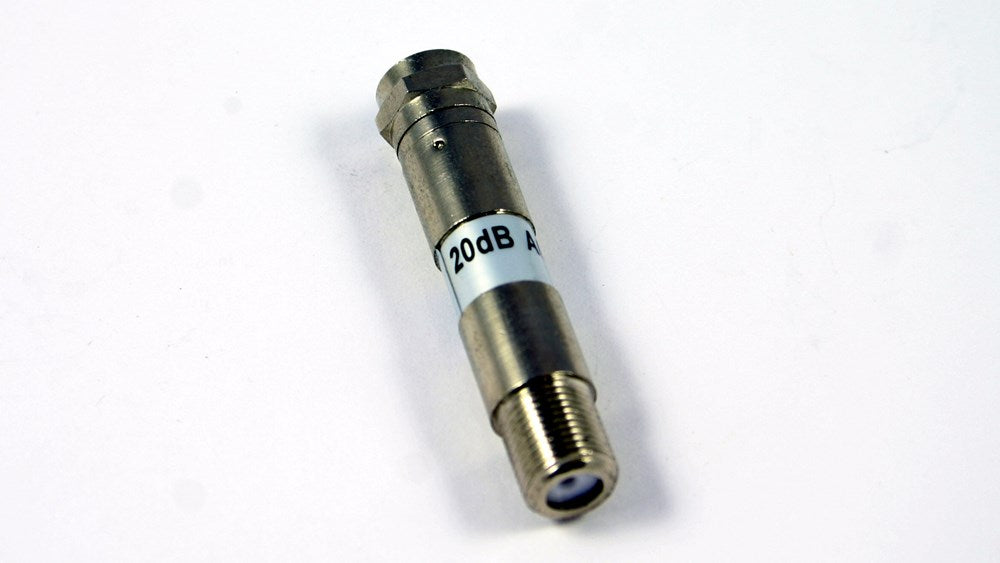 75 Ohm F-Type attenuator with 20dB attenuation and power pass, designed for RF, satellite, and cable TV systems to ensure optimal signal levels.
