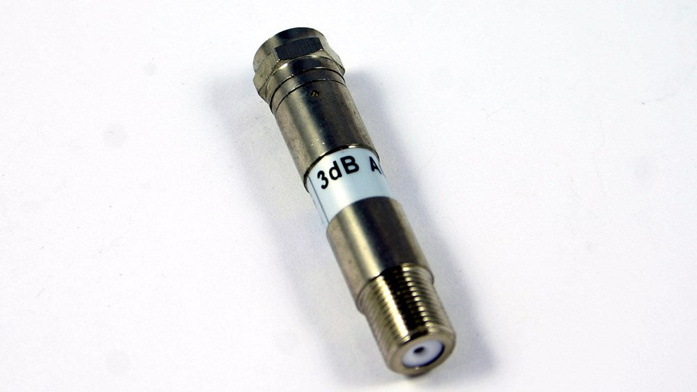 75 Ohm F-Type attenuator with 3dB attenuation and power pass capability, designed for RF, satellite, and cable TV systems to ensure precise signal control.