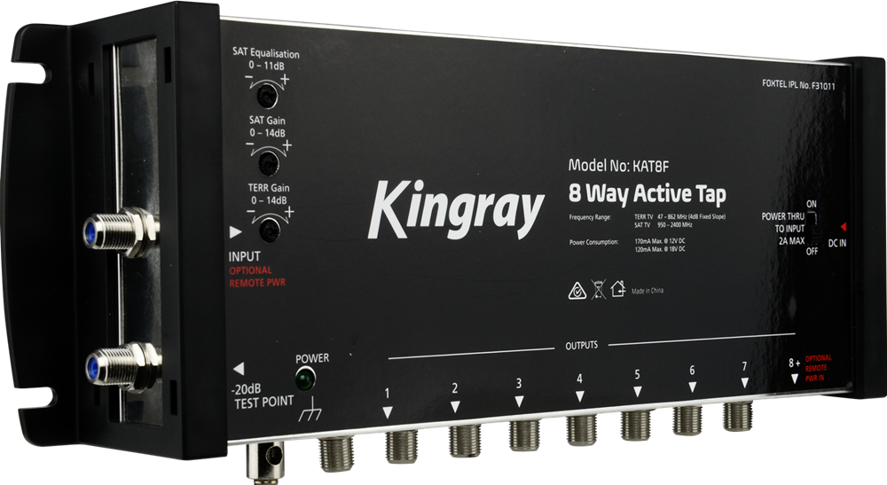 Kingray 8-Way Active Tap for TV signal distribution, featuring active amplification and eight output ports. Ideal for home or commercial use.