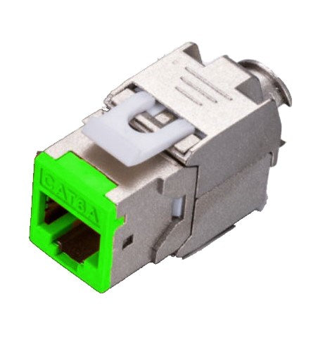 Grove Cat6A Shielded Keystone Panel Jacks, green, pack of 12, supports 22-23 AWG cables, EMI-protected, ANSI/TIA-568-C.2 compliant.