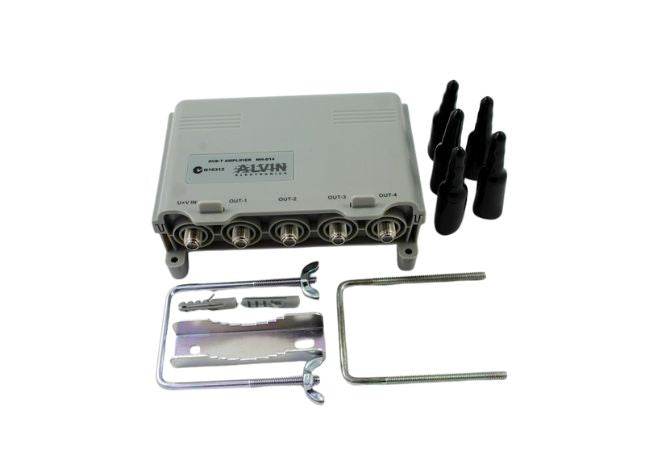 Amplifier masthead splitter with 1 input and 4 outputs for distributing TV antenna signals evenly across four outlets