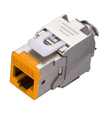 Grove Cat6A Shielded Keystone Panel Jacks, orange, pack of 12, supports 22-23 AWG cables, EMI-protected, ANSI/TIA-568-C.2 compliant.