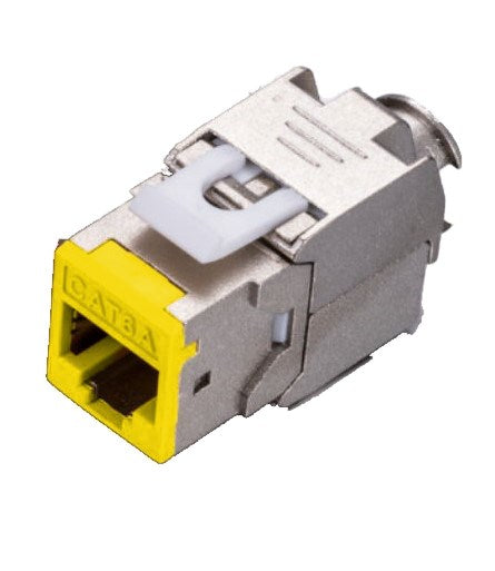 Grove Cat6A Shielded Keystone Panel Jacks, yellow, pack of 12, supports 22-23 AWG cables, EMI-protected, ANSI/TIA-568-C.2 compliant.