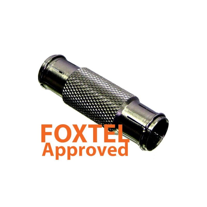 F Male to F Male Quick Connector for coaxial cable joins in satellite and TV systems, with tool-free use and nickel-plated body