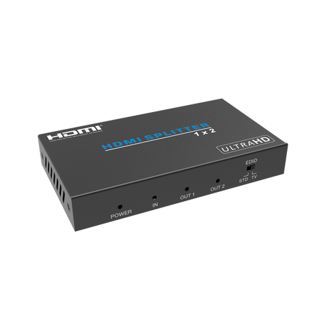 Podium AV HDMI Splitter 1 In 2 Out with 4K Ultra HD support, HDCP compliance, and signal amplification for high-quality multi-display performance.