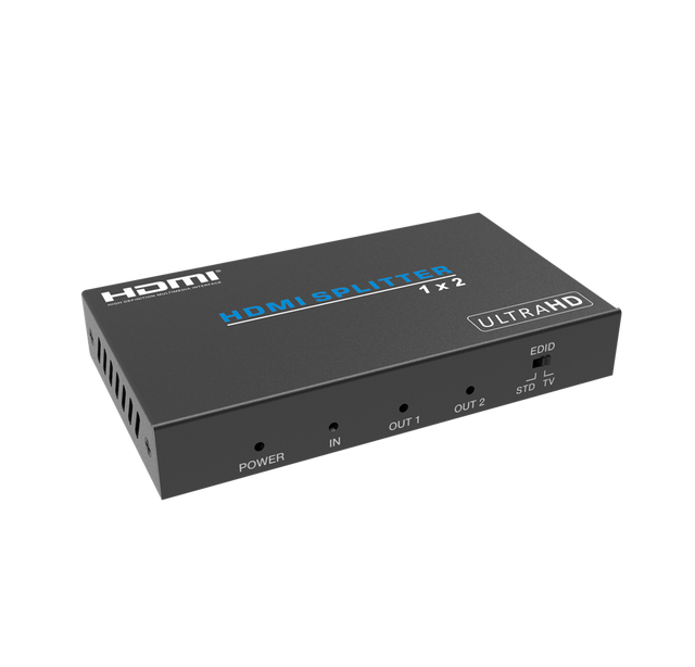 Podium AV HDMI Splitter 1 In 2 Out with 4K Ultra HD support, HDCP compliance, and signal amplification for high-quality multi-display performance.