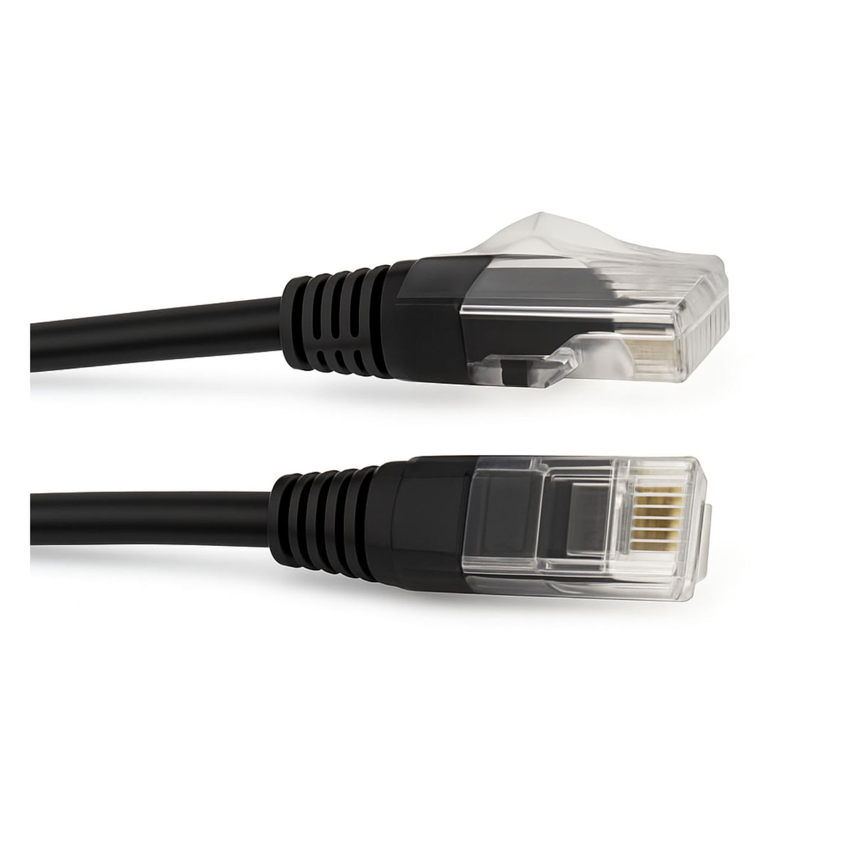 0.5 m Cat6 Thin 28 AWG LSZH Black Patch Lead with RJ45 connectors, supporting up to 1 Gbps and PoE.