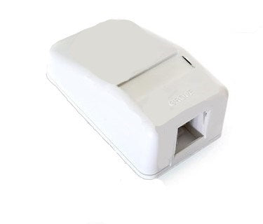 A white 1 port unloaded surface mount box designed for network or communication port installation on a wall or surface.