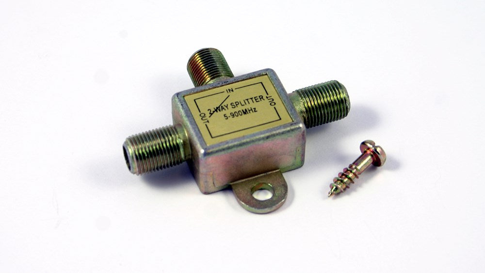 2 Way TV splitter with power pass on 1 leg, 5-2400 MHz, F-type connectors for antenna and satellite systems