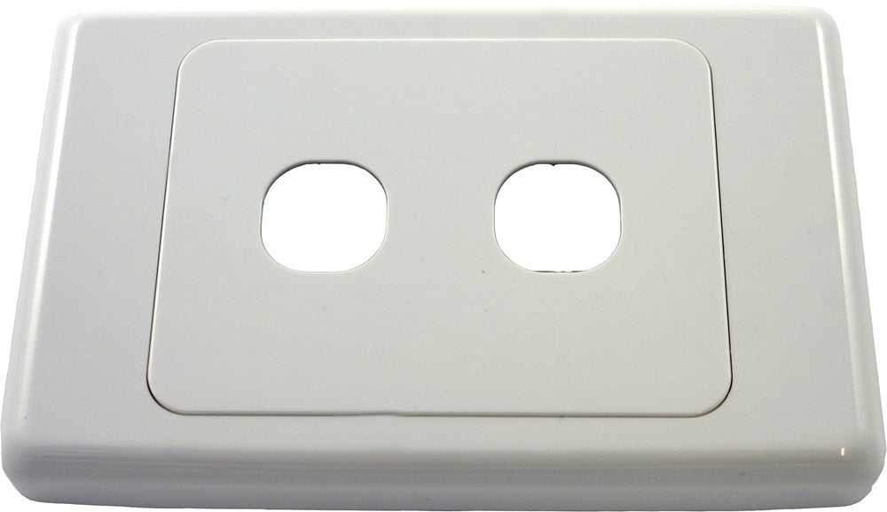 Amdex 2000 Series 2 Gang Wall Plate for AV and data modules, white modular faceplate fits Australian standard wall brackets.