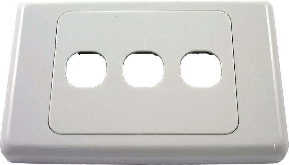 A white 3 gang wall plate from the 2000 Series, featuring three rectangular cutouts for electrical outlets or data ports.