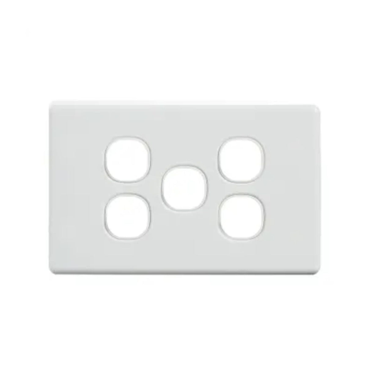 Amdex 2000 Series 5 Gang Wall Plate in white, modular faceplate for AV, data, and power modules. Fits standard Australian wall brackets.