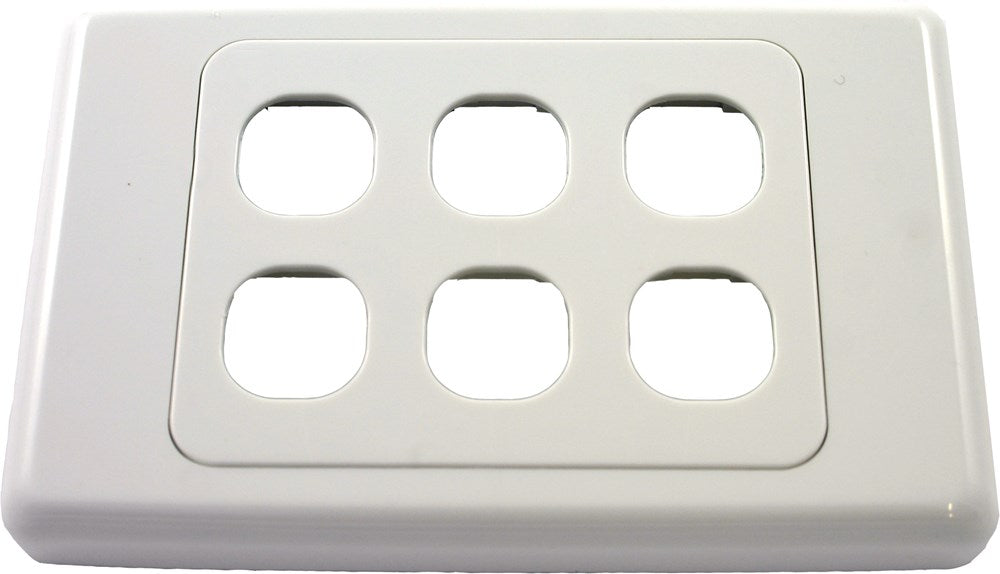 A white 6 gang wall plate from the 2000 Series with multiple outlets or data ports.
