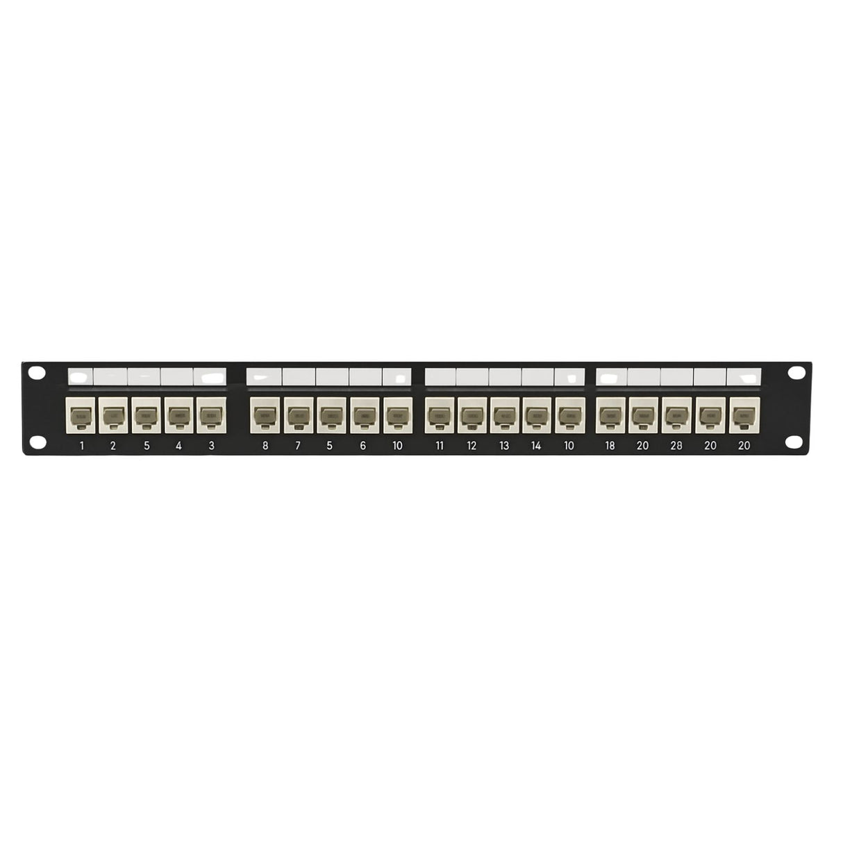 Patch panel with multiple ports on a white background