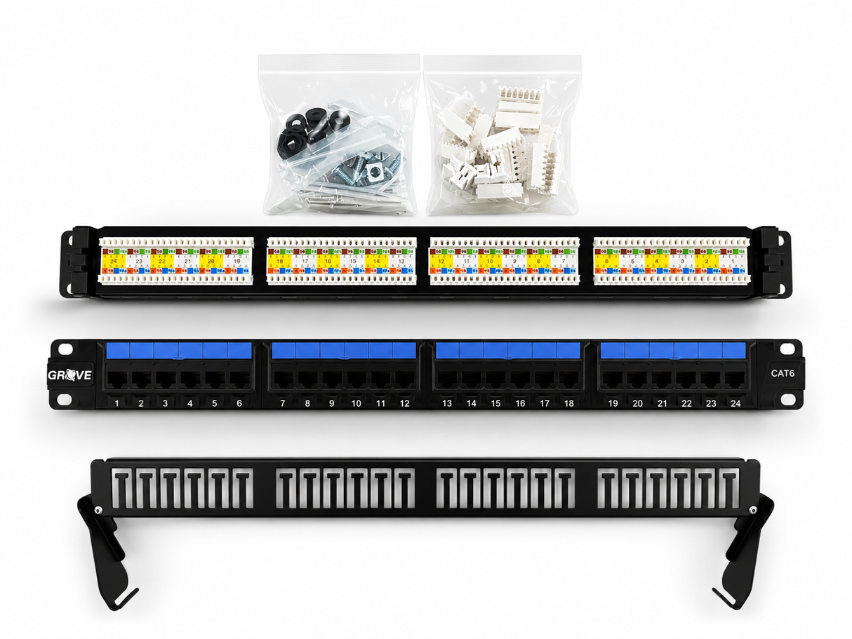 A 48-port network patch panel kit shown on a white background, including three rack-mounted black panels of varying densities and two clear plastic bags containing mounting hardware and white connector modules.