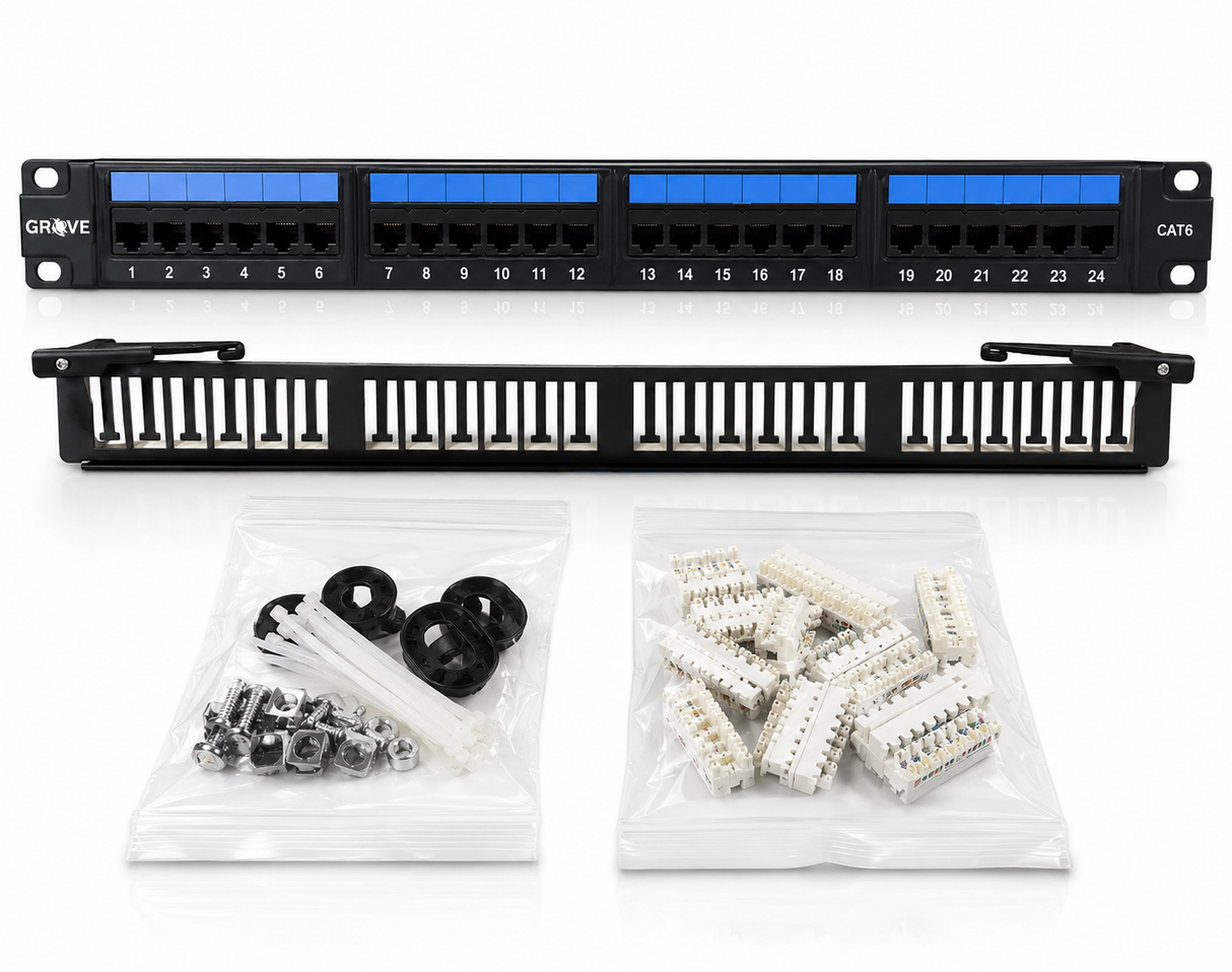 GROVE 24 Port Cat6 PCB Loaded Patch Panel with Rear Cable Manager for high-speed Ethernet and structured cabling installations.