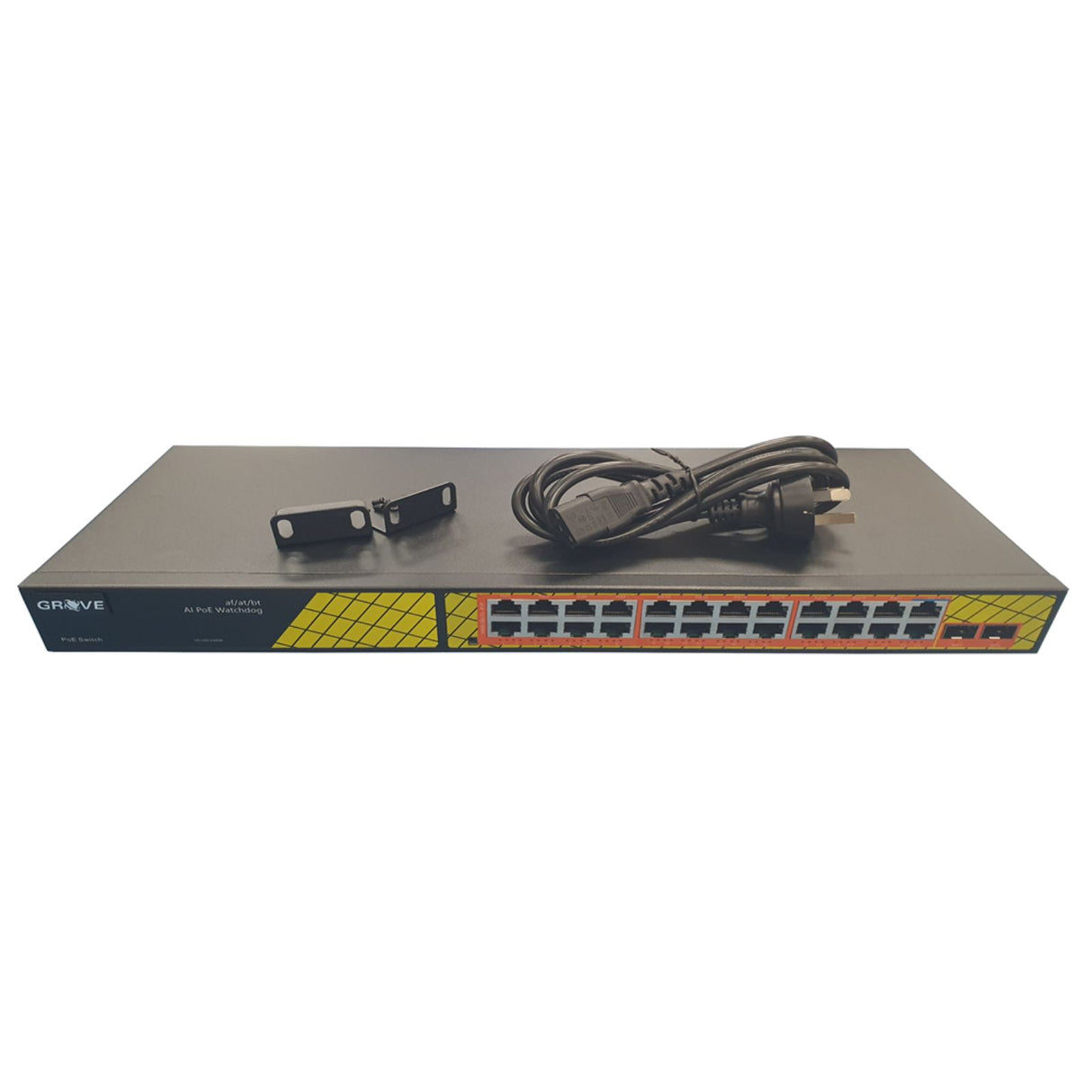 Grove 24-Port Gigabit PoE Switch with 2×SFP slots for IP cameras, Wi-Fi access points, and VoIP phones in rackmount setups