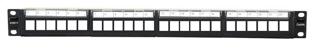 GROVE 24 Port Shielded Flat Patch Panel for CS-GN0003 Cat6A keystone modules, ideal for organized high-speed network connections.