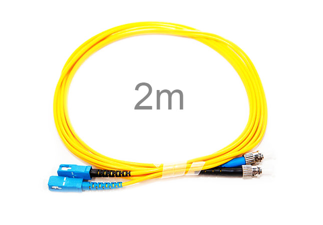2 m SC to ST OS1/OS2 duplex single-mode fibre optic patch lead with yellow jacket for telecommunications and data network connections.