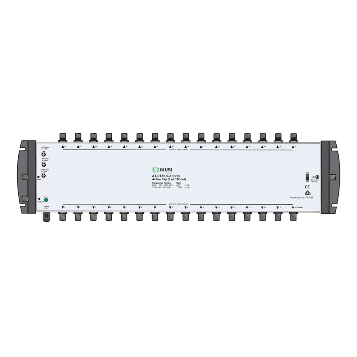 32 Way Active Tap 47–2400MHz with FOXTEL Stacker Approval for MATV and satellite TV signal distribution, with built-in amplification.