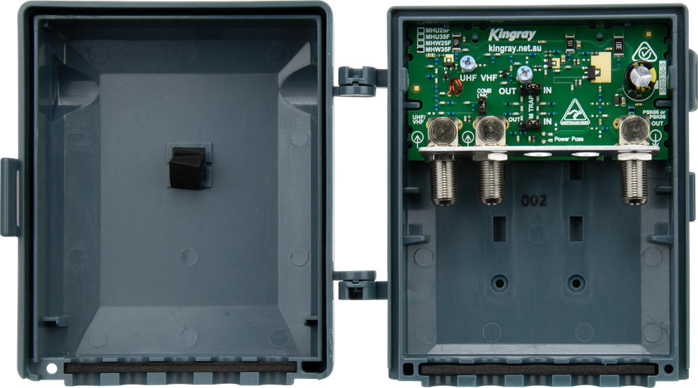 35dB UHF/VHF masthead amplifier installed near antenna to boost digital TV signal strength and improve reception quality