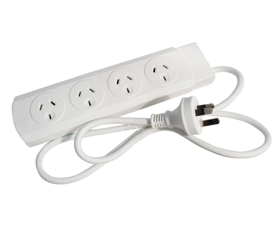 The 4 Outlet Power Board with Overload Protector, four grounded outlets, compact design for safe home or office power supply.