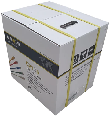 Grove 4 Pair Outdoor F/UTP Cat6A Gel Filled Cable Box 305Mtr in black with UV-resistant PE jacket and foil shielding for outdoor use.