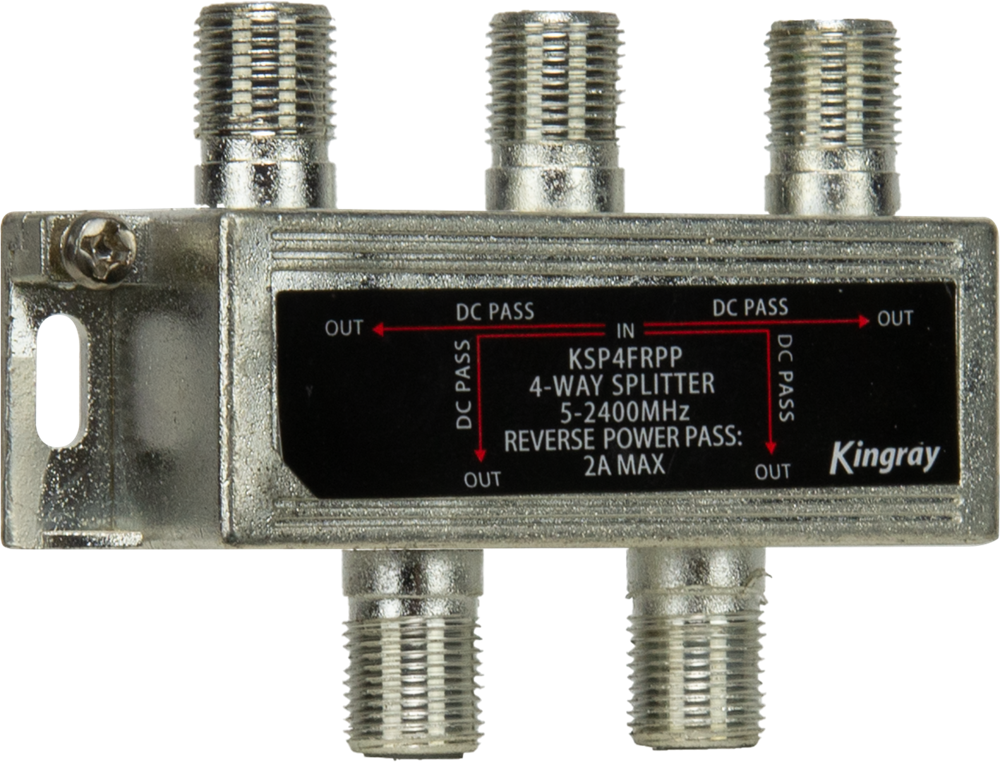 Kingray 4‑Way Splitter 5–2400 MHz Reverse Power Pass 30 V DC 2 A with four F‑type outputs for RF signal distribution.