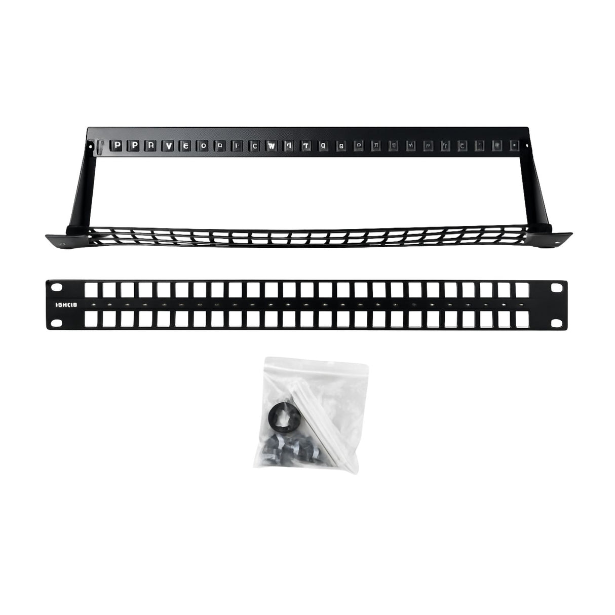 Black metal roof rack system with mounting hardware on a white background