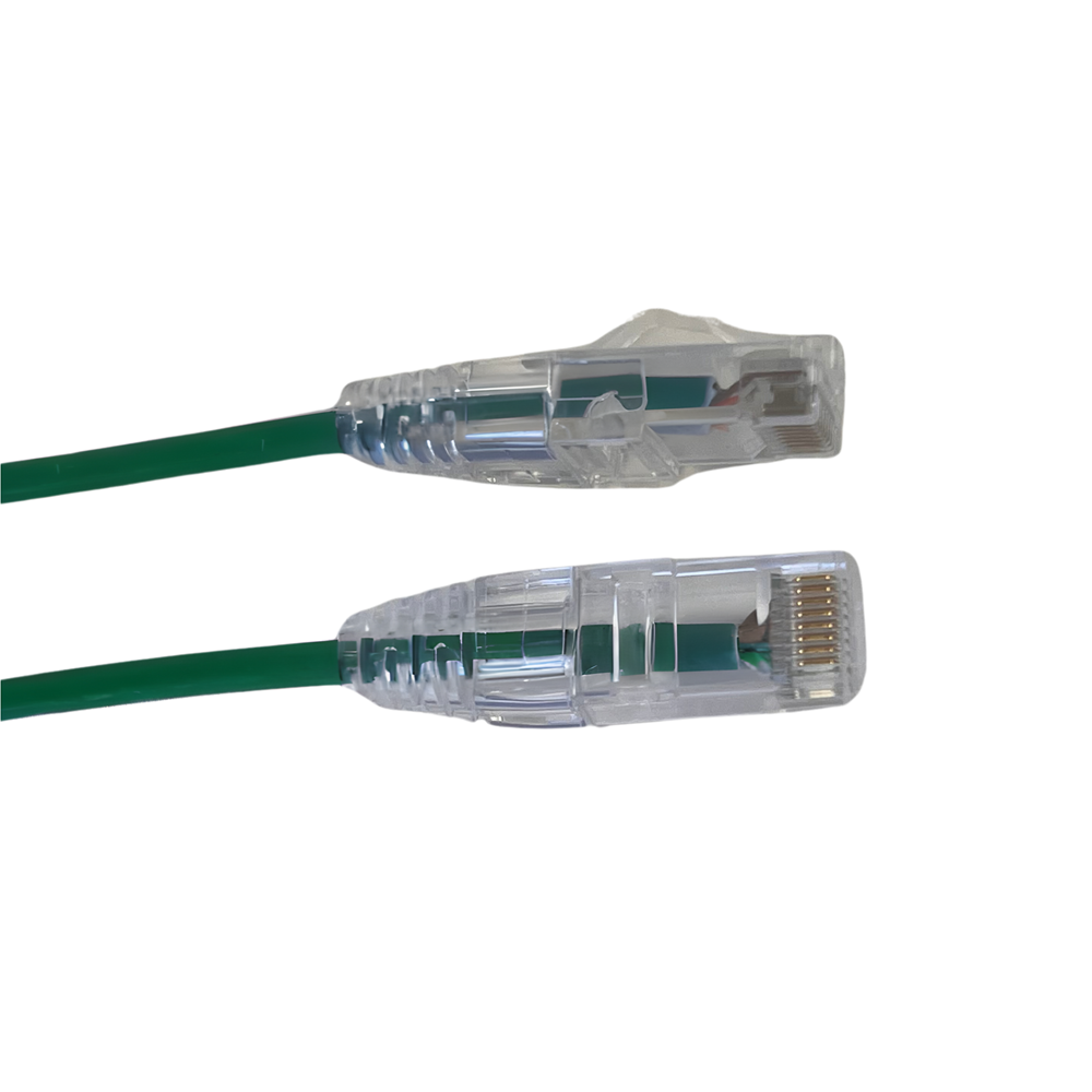 Grove 5.0 M Cat6 Patch Lead Thin 28 AWG LSZH in green with RJ45 connectors, supports 1 Gbps Ethernet and PoE for long connections