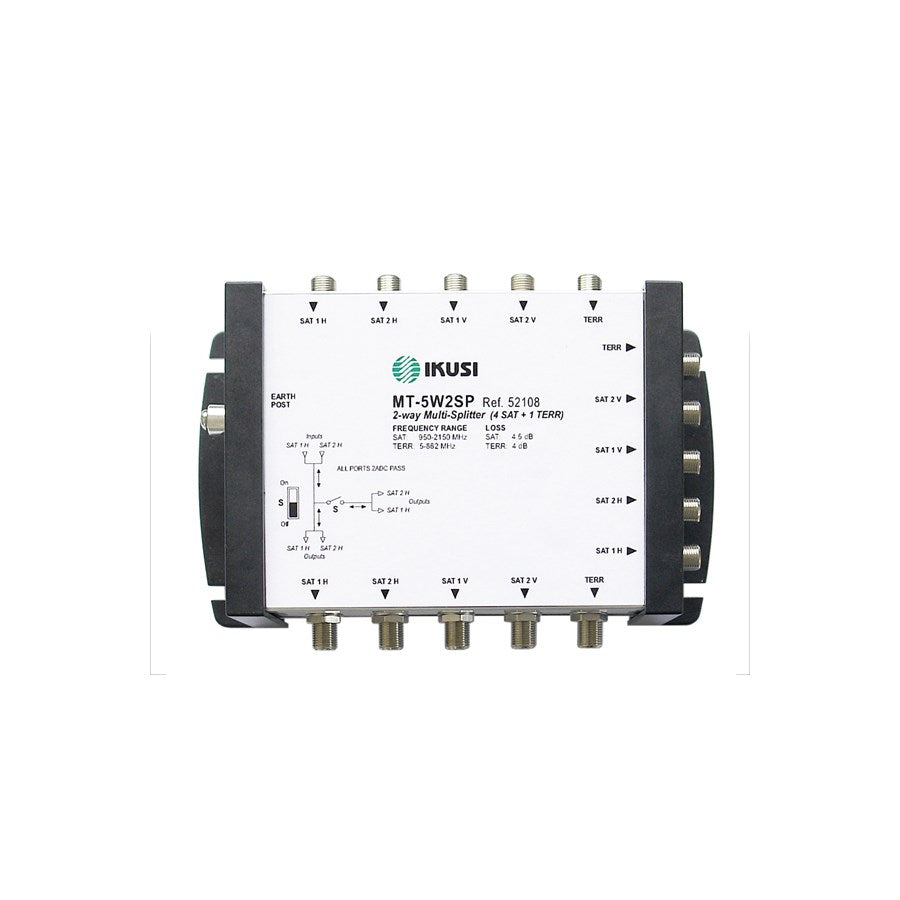 5 Wire 2-Way Splitter for satellite and terrestrial signals, ideal for Quattro LNB and multiswitch systems with low signal loss