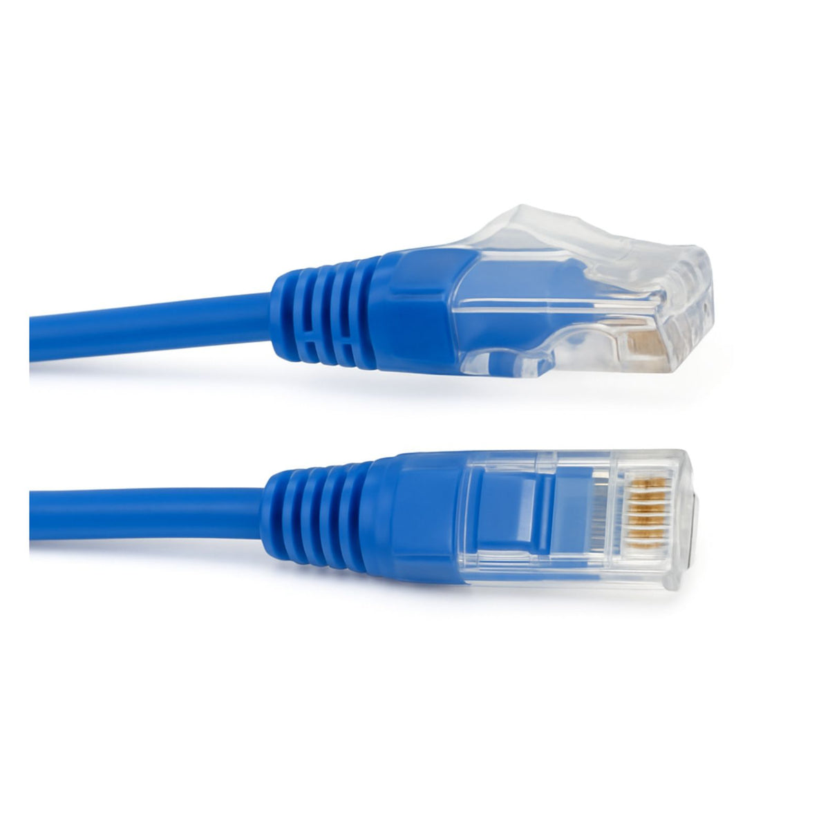 5M Cat6 Thin 28 AWG LSZH Blue Patch Lead with RJ45 connectors for high-density networking, supporting up to 1 Gbps and PoE.