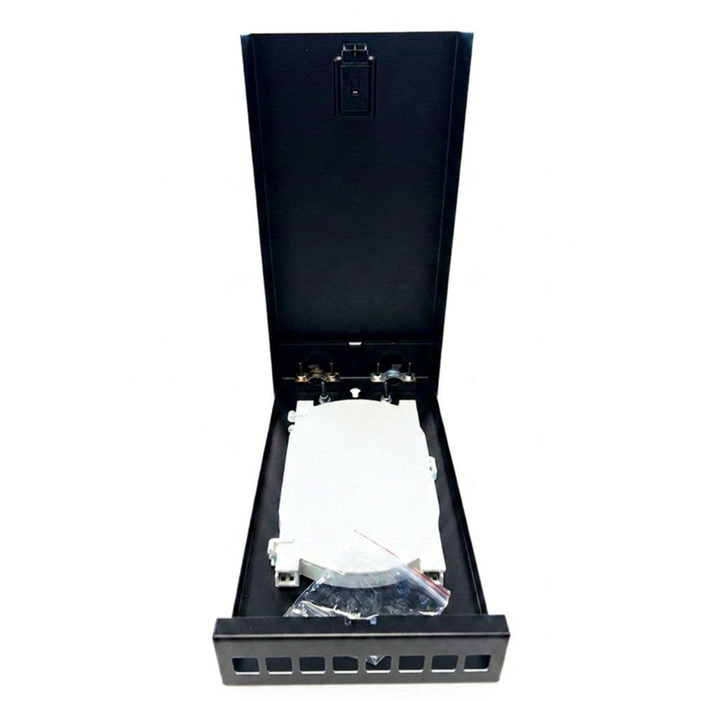 8 Port Wall Mount Metal Fibre Box with lockable steel enclosure for fibre optic termination and cable management.