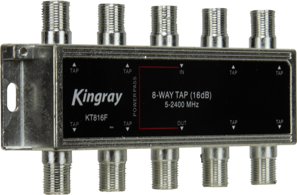 Top view of the Kingray 8-Way Tap 16dB splitter with 8 F-type output ports and robust metal casing, supporting 5-2400 MHz systems.
