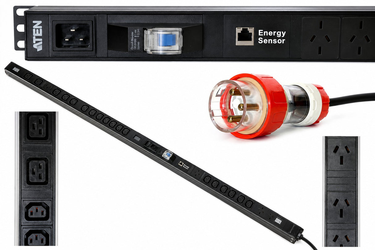 ATEN PE1224mG Energy PDU with 20A IP56 Captive Plug, 12 Australian 15A outlets and 12 IEC C13 outlets.