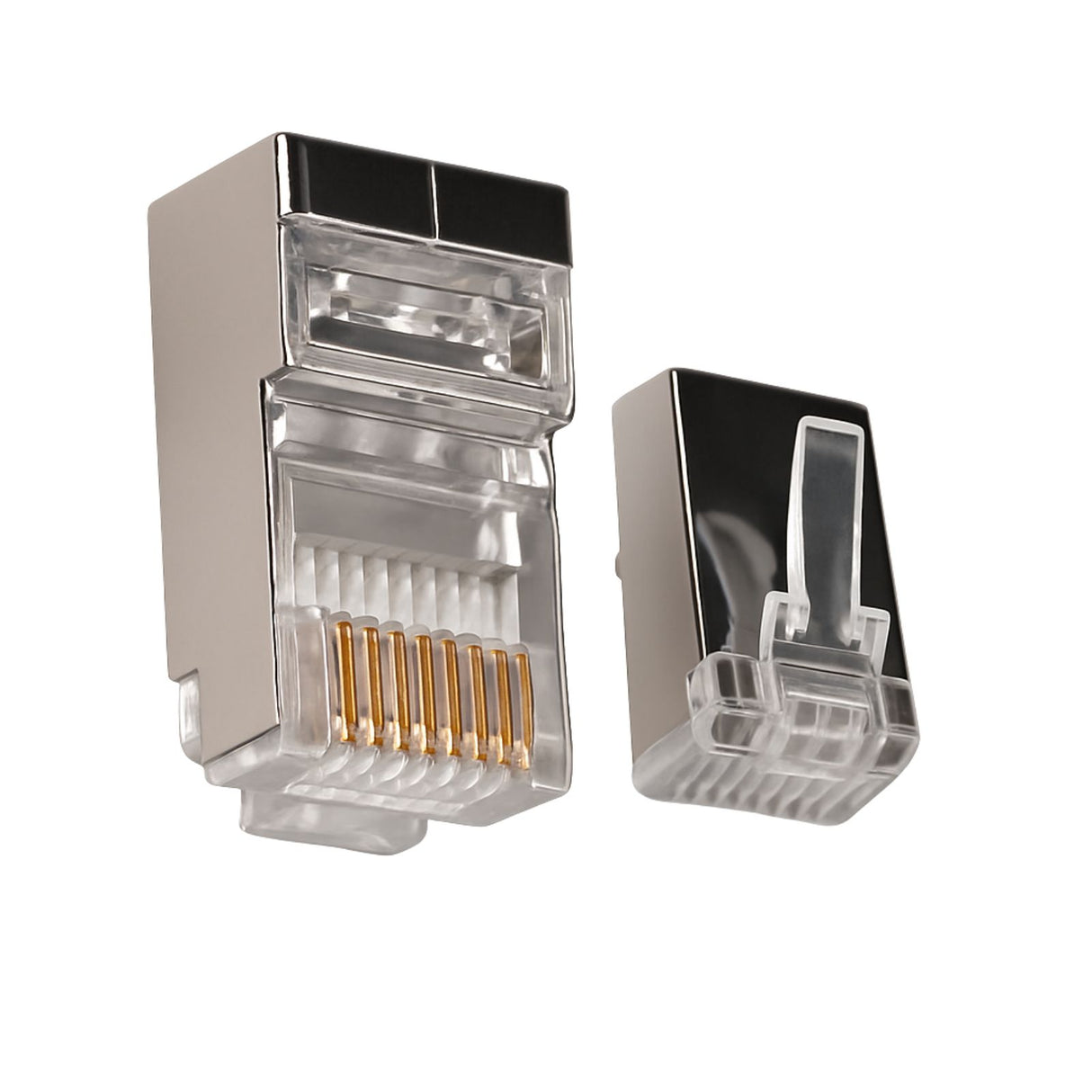 Two Ethernet connectors on a white background