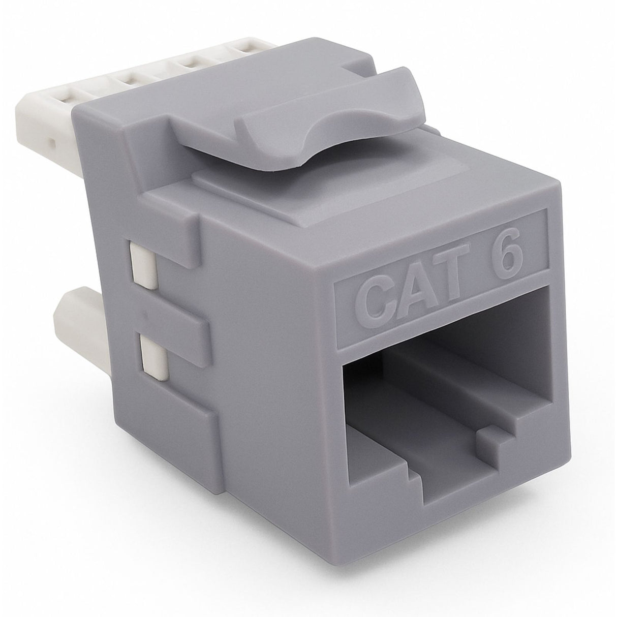 Gray Ethernet connector with 'CAT 6' label on a white background