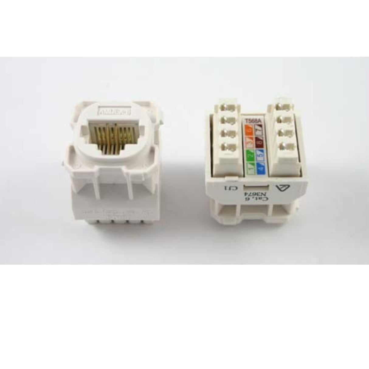 CAT6 jack designed to fit CLIPSAL Series wall plates, ideal for Gigabit Ethernet networks with easy tool-less termination.